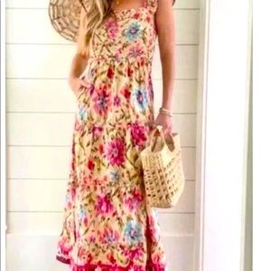 House of Harlow Maxi Dress. Has ruffles on straps,smocked chest, and pockets.